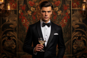 Wall Mural - male portrait in a vintage tuxedo, slicked-back hair, holding a classic cocktail