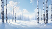  A Painting Of A Snowy Landscape With Trees In The Foreground And A Blue Sky In The Background With White Clouds In The Middle Of The Sky And Bottom Right.