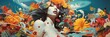 © Henryzoom - Abstract collage with various multicolored flowers on the girls face, bright juicy art photo with a young girl, banner