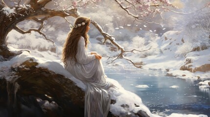 Wall Mural -  a painting of a woman in a white dress sitting on a rock next to a body of water with a tree in the foreground and snow on the ground.