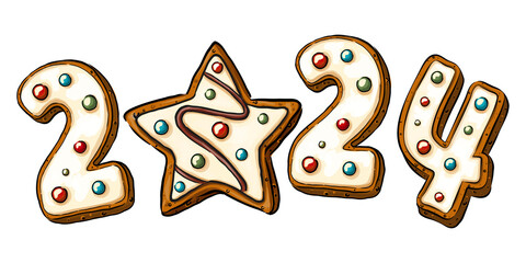 gingerbread numbers with the phrase 2024, top view in cartoon style. Sweet cookies in new year message isolated, Isolate individual PNG objects