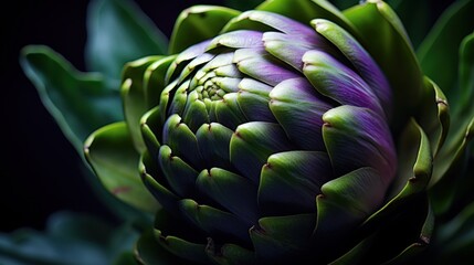 Sticker -  a close up view of a purple and green artichoke with leaves in the foreground and a dark background with only one flower budding in the foreground.