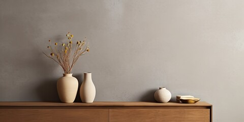 Minimalist living room interior with wooden sideboard, brown vase, gray sculpture, books, stucco wall, and personal accessories. Home decor template.