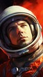 Male astronaut in a helmet close-up before a flight into space, thoughtful smart face of a brave man, space exploration