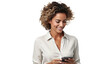 © YauheniyaA - Portrait of a happy businesswoman using mobile phone isolated over transparent background