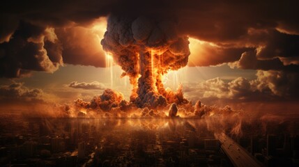 nuclear explosion over populated city. fire mushroom cloud. nuclear blast of atomic bomb. apocalypse