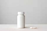 Fototapeta  - White medicine bottle mockup. Blank label vitamin template. Pills jar isolated on grey background 