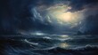  a painting of a large body of water with a boat in the middle of the ocean under a cloudy sky with a light shining on the top of the water.