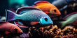 Vibrant collection of tropical fish displaying a spectrum of colors and intricate patterns, swimming closely together in a natural underwater habitat