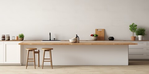 Scandinavian kitchen with a modern empty white table or kitchen island for product display.