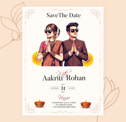Sticker - Traditional Royal Wedding Invitation card design with Bride and Groom Welcoming illustration 