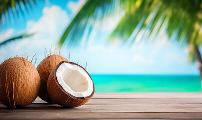 Coconuts on wood table with blue and green background