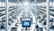 Modern semiconductor factory with Industry 4.0 technology, featuring advanced robotics, automated machinery, and AI-driven data monitors in a white, clean setting