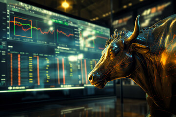 gold bull on chart background for business concept. Graph Stock Trading, crypto currency