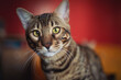 Cute tabby cat, pet animal. Adorable Bengal cat sitting and Looking Curious in Camera on isolated home Background, Front view. Cat of Bengal breed in a home sitting on the couch. Curiosity. pet care.