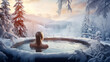 Young woman relaxing in outdoor hot tub and enjoying snowy winter forest landscape at spa resort.