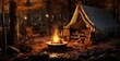 the campfire in the woods with tent around it and a chair,