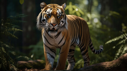 Wall Mural - Bengal Tiger in forest show head. generative ai and leg