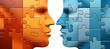 Human face  made of colorful puzzle pieces. Knowledge and logic concept. Header with connecting jigsaw puzzle pieces