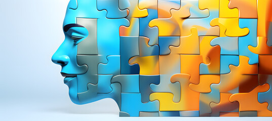 Wall Mural - Human face  made of colorful puzzle pieces. Knowledge and logic concept. Header with connecting jigsaw puzzle pieces