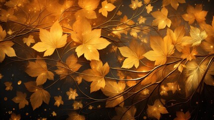 Sticker -  a painting of a bunch of yellow leaves on a tree branch with gold glittering on it's leaves and a black background with gold glittering on the leaves.