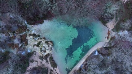 Wall Mural - Pozo de la Cascada de Covalagua, in the Covalagua Natural Space. Aerial view from a drone. LAS LORAS GEOPARK. UNESCO. Pomar de Valdivia. Palencia. Castile and Leon. Spain. Europe