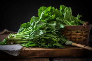 Wall Mural - The beauty of farm-to-table: A fresh, organic bunch of arugula leaves set against a rustic wooden backdrop