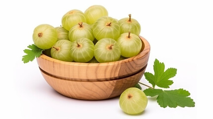 Wall Mural - Fresh Indian gooseberry fruits in wooden bowl with green leaves on white background. generative ai