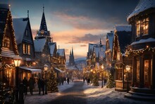 Beautiful View Of Village Street In Winter, Exteriors Of Houses Decorated For Christmas Or New Year Holiday, Snow, Street Lights, Festive Environment
