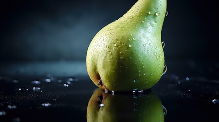 Wall Mural -  a green pear sitting on top of a table next to a black background with water droplets on the surface and a black background with a black background and white border.