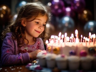 Sticker - A little girl sitting in front of a cake with lit candles. Generative AI.