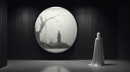 Wall Mural - a black and white photo of a person standing in front of a mirror and a sculpture in the middle of a
