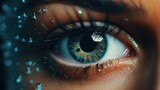 Fototapeta  -  a close up of a person's blue eye with drops of water on the outside of the eye and on the inside of the outside of the outside of the eye.