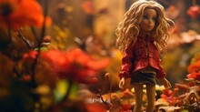  A Close Up Of A Doll Standing In A Field Of Flowers With A Red Jacket Over Her Shoulders And A Red Jacket Over Her Shoulder And A Red Shirt On.