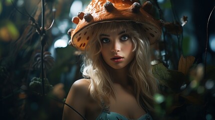 Sticker -  a woman wearing a hat with a butterfly on it's head in a forest with leaves and branches, with a butterfly on top of her head, in the foreground of the image is a woman's head,.