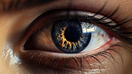 Sticker -  a close up of a person's eye with a blue iris and yellow iris in the center of the iris, with a small amount of the iris visible.