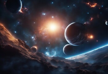 Wall Mural - Breathtaking space scene with swirling galaxies and distant planets and stars. Cosmic voyage scene