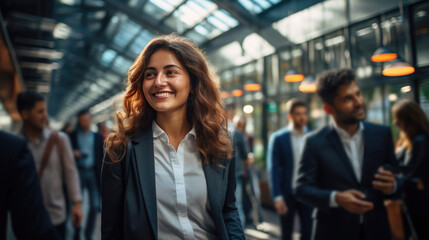 Elegant businesswoman in suit beaming among bustling professionals in modern office building