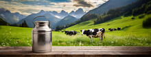 A Milk Can Sits On A Wooden Deck Overlooking A Pastoral Scene With Grazing Cows. The Image Brings To Life Rural Charm, With Mountains In The Distance And A Clear Sky Overhead