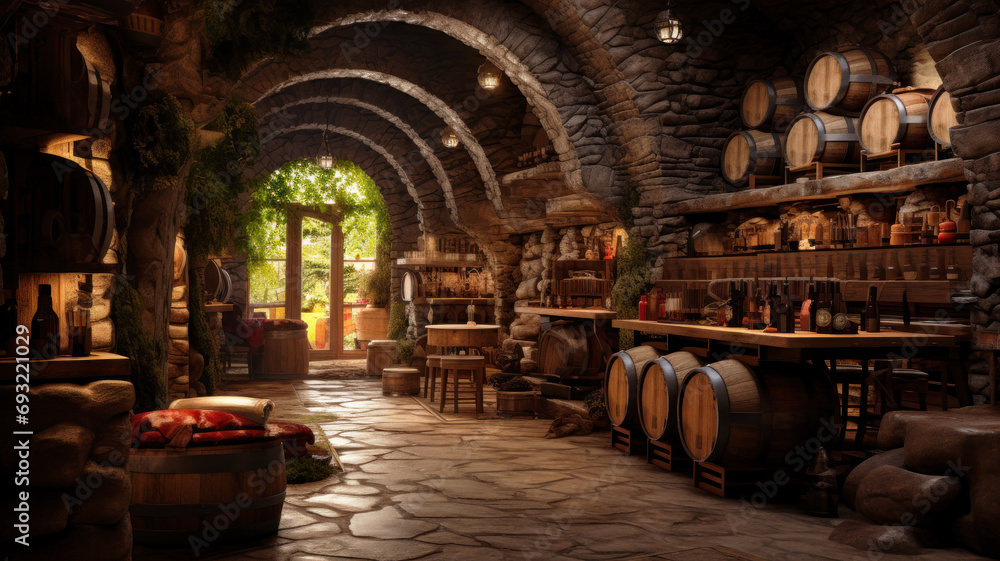 Vintage bar with wooden barrels in old wine cellar. Perspective inside ...