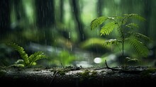  A Close Up Of A Tree Branch With A Plant Growing Out Of It In The Middle Of A Forest With Rain Falling Down On The Ground And A Blurry Background.