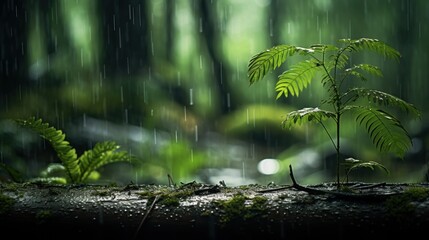 Wall Mural -  a close up of a tree branch with a plant growing out of it in the middle of a forest with rain falling down on the ground and a blurry background.