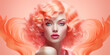 A naked woman model staring at the camera with shoulder length curly peach fuzz color hair and pink lips eyeshadows . Color of the 2024 year. Orange background. Copy space.