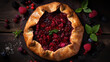 Rustic fruit galette pie with berries on the dark table