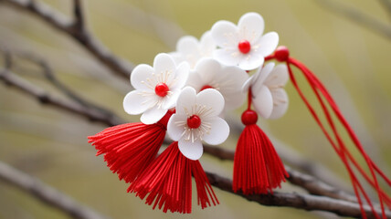 Martisor, red and white, yarn floss thread, holiday of welcoming spring in Moldova and Romania, celebrated on March , tradition give boutonnieres in the form of flowers Baba Marta.