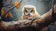  a painting of an owl sitting on a tree branch with its eyes wide open and a branch with leaves in front of it and a tree branch with yellow leaves in the foreground.