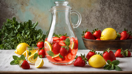Wall Mural - Fresh lemonade with strawberries, lemon and mint, cocktail