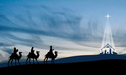 Wall Mural - Christmas Nativity Scene - Three Wise Mens go to the stable in the desert