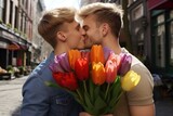 Fototapeta Zachód słońca - Two lovely men gay couple with present celebrating valentines day