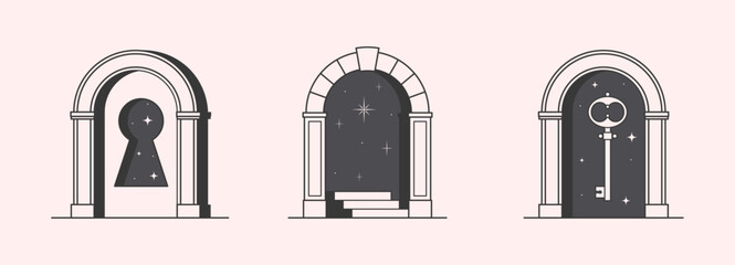 Wall Mural - Vector mystic logo design templates with portals,steps,keyhole,key and stars.Surreal abstract illustrations in trendy minimal outline style.Enlightenment emblems.Branding design templates.